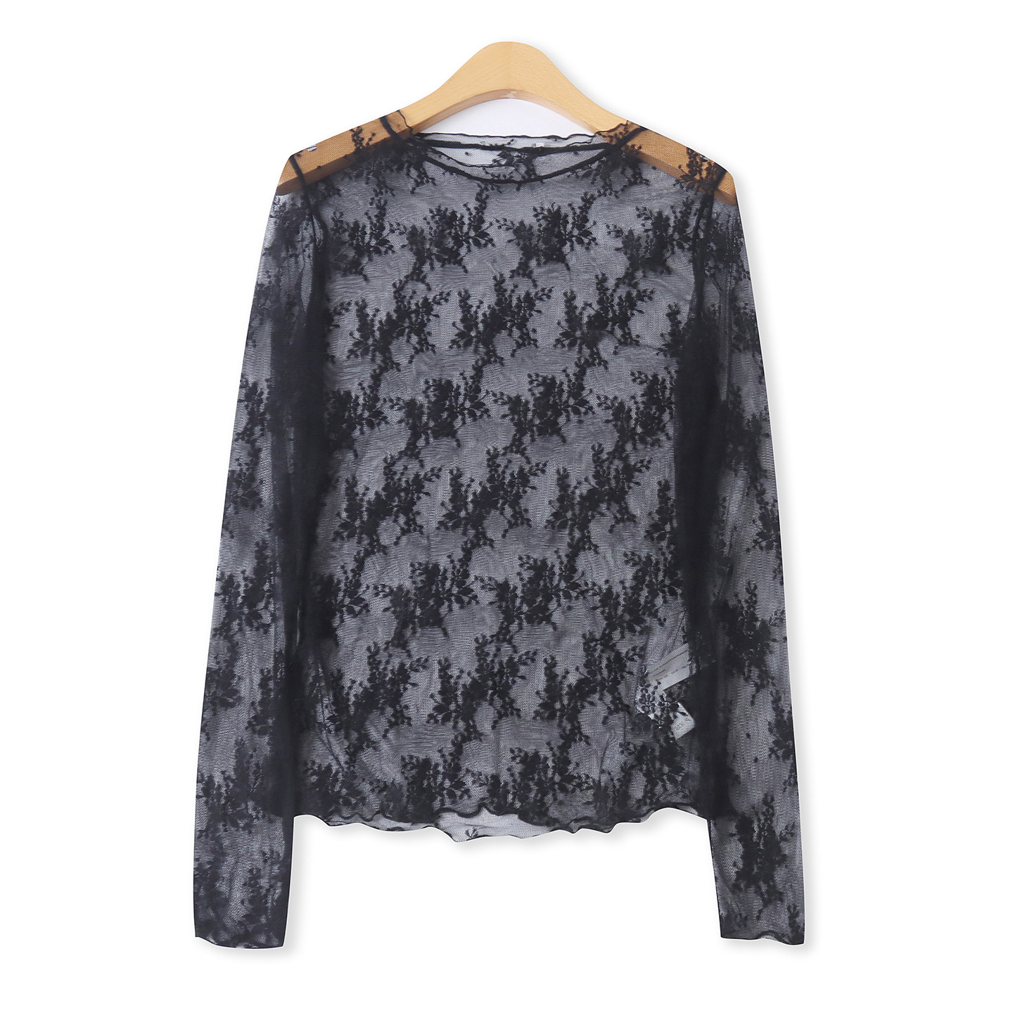 蕾丝衫春夏新款外贸女装百搭时尚半透视圆领修身长袖打底衫19355