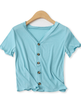 拷边T恤夏新款外贸女装时尚短款百搭V领单排扣修身短袖上衣15754