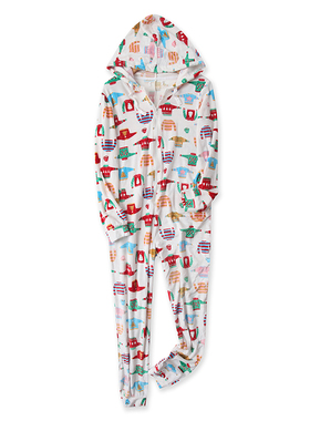 丝绒连体衣冬季新款外贸女装减龄印花连帽半拉链长袖家居服17333