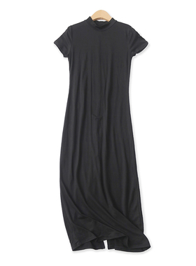 中领黑连衣裙夏季新款外贸女装百搭收腰修身后开叉短袖长裙16908