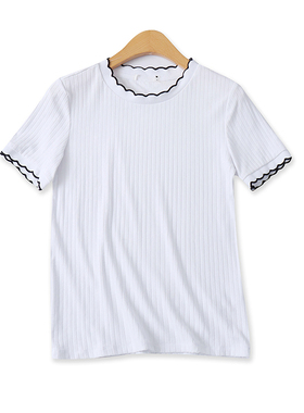 花边领T恤夏新款外贸女装时尚百搭撞色套头修身短袖坑条上衣18135