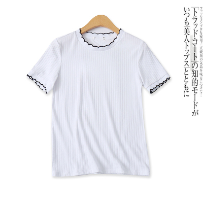 花边领T恤夏新款外贸女装时尚百搭撞色套头修身短袖坑条上衣18135