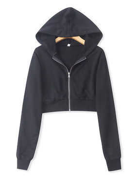 短款拉链卫衣春新款外贸女装百搭休闲亮丝拼条修身长袖帽衫19530