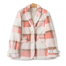 格子绒外套冬季新款外贸女装百搭保暖西装领两粒扣长袖大衣18776