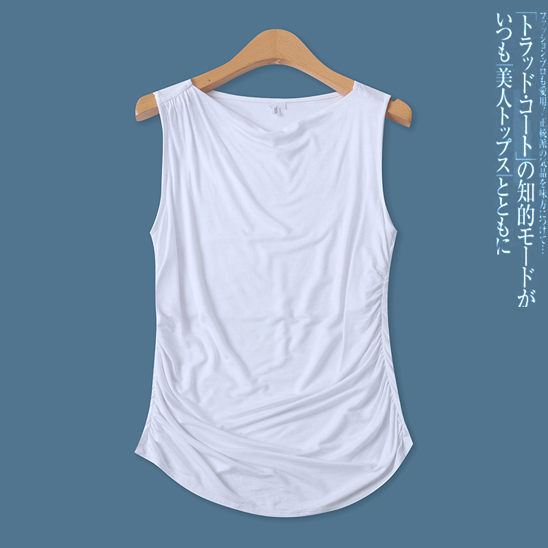 褶皱无袖T恤春夏季新款外贸女装百搭修身弹力莫代尔套头上衣17501