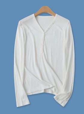 螺纹打底衫春新款外贸女装百搭V领单排扣修身高弹力长袖T恤16164