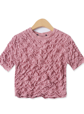 泡泡褶皱T恤夏季新款外贸女装日单短款百搭修身圆领短袖上衣17771
