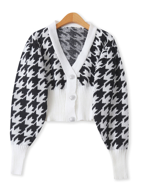 黑白千鸟格开衫秋季新款外贸女装百搭时尚茧型短款长袖毛衣19018