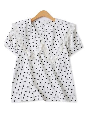 娃娃领小衫夏季新款外贸女装百搭宽松波点印花短袖套头上衣18167