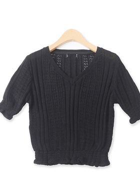 镂空T恤夏秋新款外贸女装时尚百搭收口短袖修身鸡心领针织衫16869