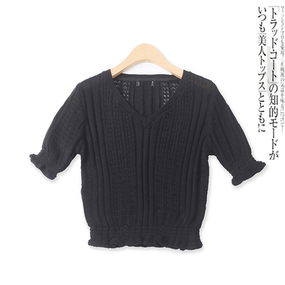 短袖时尚百搭鸡心领镂空针织T恤