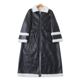 复古宽松长袖 外贸女装 拉链过膝外套19468 新款 PU皮羊羔毛风衣冬季