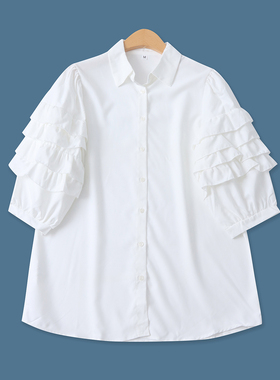 多层花边袖白衬衫夏季新款外贸女装百搭减龄单排扣宽松上衣18390