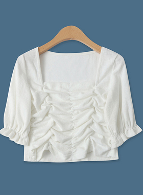 方领小衫夏新款外贸女装时尚百搭褶皱短款修身显瘦短袖T恤16480