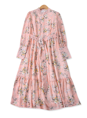 雪纺连衣裙春季新款外贸女装时尚半门襟高腰荷叶边印花长裙17540