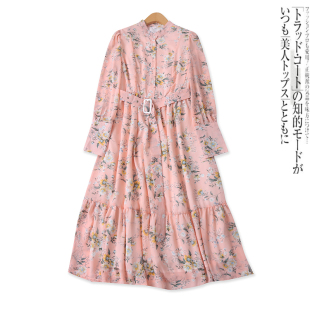 时尚 外贸女装 半门襟高腰荷叶边印花长裙17540 新款 雪纺连衣裙春季