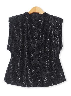 金丝绒无袖上衣秋新款外贸女装百搭洋气收腰带垫肩亮片背心18951