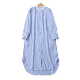 休闲百搭单排扣宽松长袖 外贸女装 条纹裙18774 裙秋新款 莱赛尔衬衫