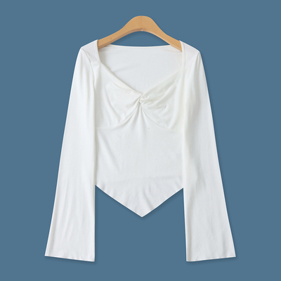 不规则棉T恤春新款外贸女装时尚百搭低领口修身长袖扭结上衣19539