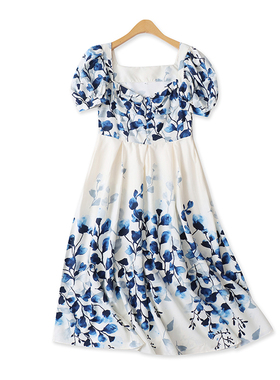 泡泡短袖连衣裙夏季新款外贸女装百搭方领高腰水墨印花长裙18190