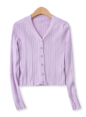 针织衫春新款外贸女装百搭V领单排扣弹力显瘦短款长袖薄毛衣12115