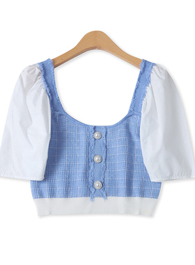 针织格子小衫春夏新款外贸女装百搭短款小香风拼接短袖上衣17564