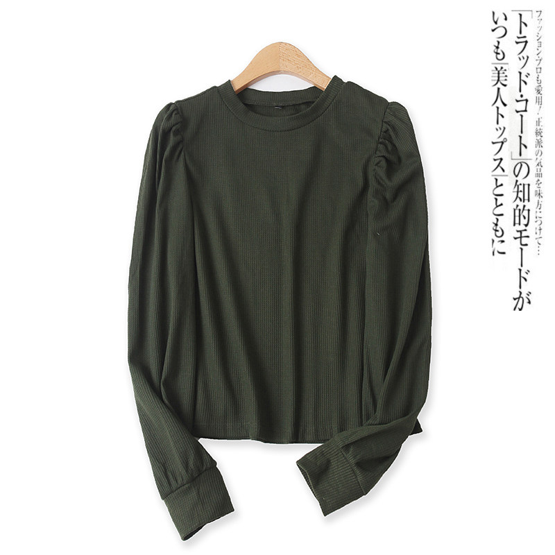 华夫格T恤秋季新款外贸女装百搭简洁圆领显瘦泡泡长袖打底衫13703