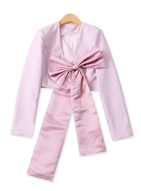 粉西装春秋新款外贸女装时尚百搭修身缎面蝴蝶结长袖短外套18132