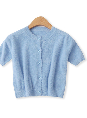 短款仿水貂绒开衫秋新款外贸女装时尚百搭修身露脐短袖上衣15423