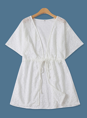 镂空罩衫秋新款外贸女装中长百搭收腰系带短袖网眼开衫披肩17296