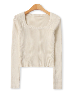 方领短款针织衫秋季新款外贸女装纯色百搭修身弹力长袖打底18885