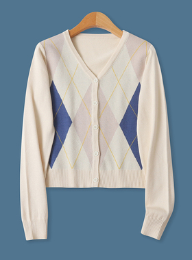 提花针织开衫秋新款外贸女装百搭V领单排扣修身短款长袖毛衣18845