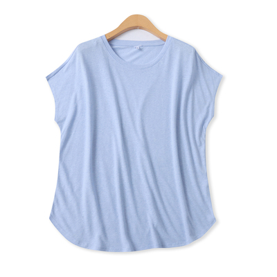 亚麻T恤夏新款外贸女装纯色百搭圆下摆宽松落肩袖套头上衣19500