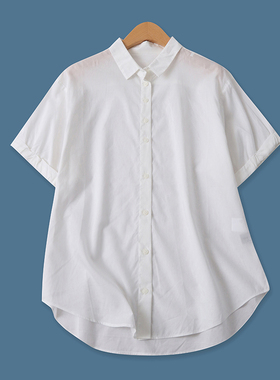 白衬衫夏季新款外贸女装百搭休闲单排扣宽松翻边短袖棉衬衣16727