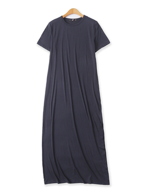 侧开叉连衣裙夏季新款外贸女装百搭圆领修身高弹力短袖长裙18586