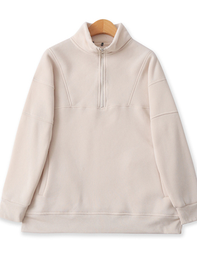 薄绒拼接卫衣秋季新款外贸女装百搭立领半拉链宽松长袖上衣18564