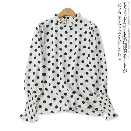 波点衬衫秋季新款外贸女装时尚百搭半高领显瘦套头长袖小衫15711