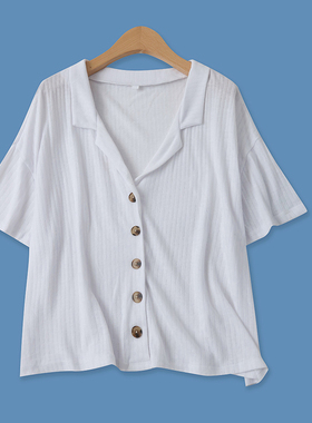 条纹T恤夏季新款外贸女装百搭宽松弹力小翻领单排扣短袖上衣16179