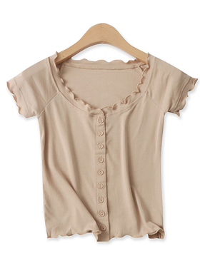 木耳边T恤夏季新款外贸女装百搭弹力修身圆领单排扣短袖上衣16185