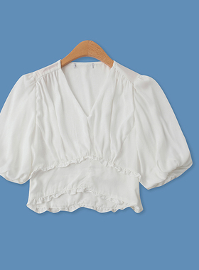 木耳边衬衫夏季新款外贸女装甜美减龄V领褶皱显瘦泡泡袖小衫15118