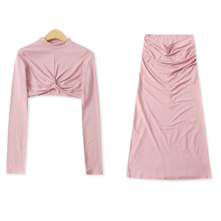 半高领扭结短上衣 人棉套装 外贸女装 新款 褶皱半身包臀裙19538 春季