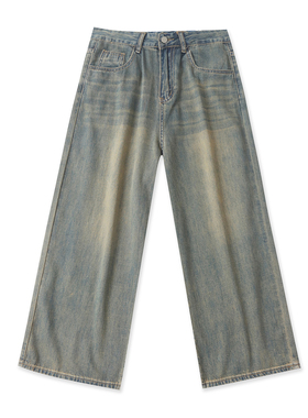 阔腿牛仔裤春新款外贸女装复古毛边破口高腰宽松水洗九分裤19422