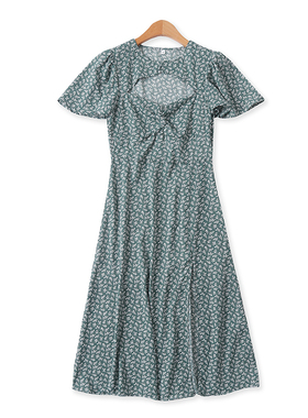 碎花连衣裙夏季新款外贸女装小心机镂空高腰显瘦短袖拉链裙13091