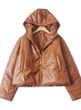 PU皮面包服冬季新款外贸女装百搭保暖宽松长袖拉链连帽棉衣17388