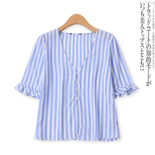 夏季 短袖 新款 百搭减龄V领单排扣修身 条纹上衣12943 外贸女装 棉衬衫
