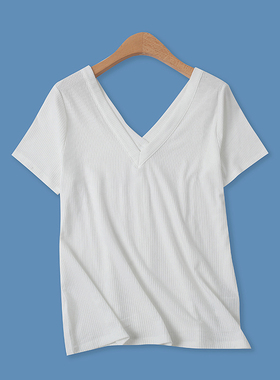 时尚T恤夏新款外贸女装减龄前后V领装饰扣显瘦短袖螺纹上衣14314
