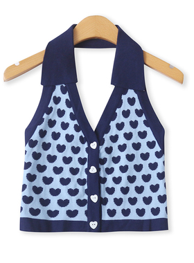 针织挂脖背心秋新款外贸女装时尚短款修身POLO领单排扣上衣18786