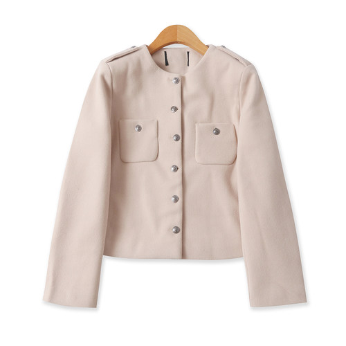 毛呢短外套秋季新款外贸女装时尚圆领单排扣带垫肩长袖上衣18969