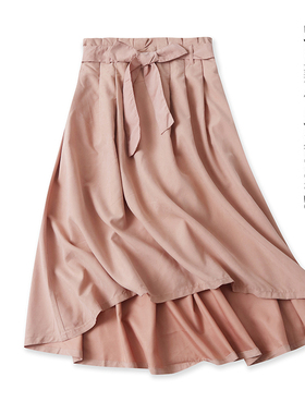 日单半身伞裙春夏新款外贸女装百搭花苞高腰系带宽松中长裙16548