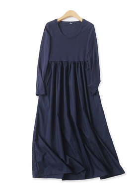 拼接连衣裙春秋季新款外贸女装时尚百搭高腰长袖螺纹中长裙16784